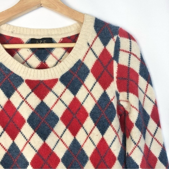 A.P.C Cream Red & Blue Argyle Diamond Wool Crewneck Sweater S - Picture 3 of 4